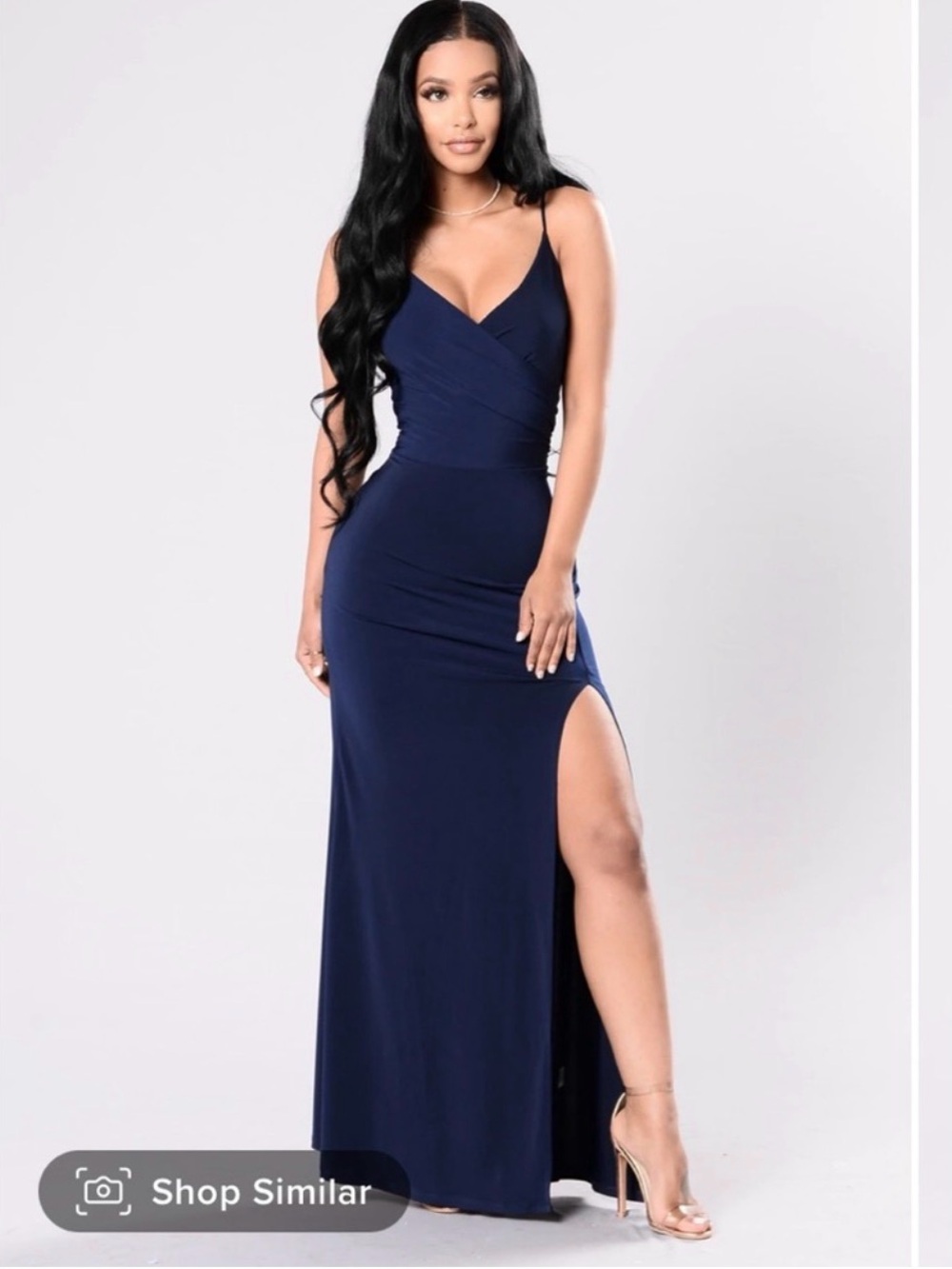 Fashion Nova High Street Navy Spaghetti-Strap V-Neck Maxi Dress with High Slit
